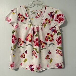 Harve Benard Top XL Linen Cotton Floral Cap Sleeve Split Neck Blouse White Red